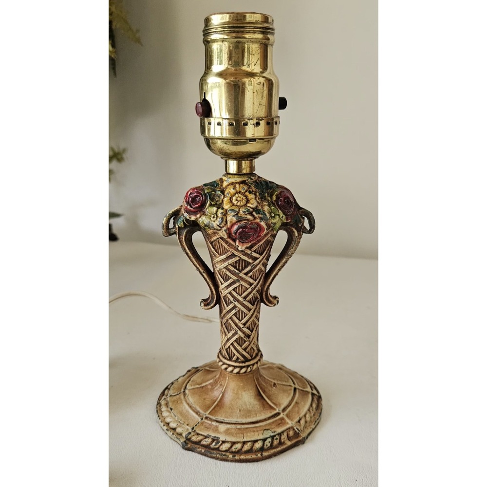 Antique Cast Medal Floral Painted Table Lamp